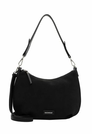 Schwarze, halbmondförmige Handtasche mit silbernem Reißverschluss, verstellbarem Schultergurt und "EMILY & NOAH" Aufnäher auf der Vorderseite.