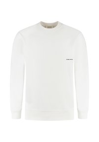 Witte crewneck sweatshirt van zacht materiaal, met ribgebreide manchetten en onderrand. "PURE PATH" logo in het zwart op de linkerborst.