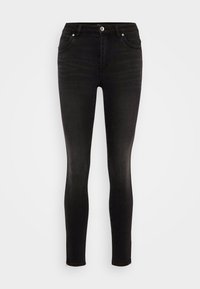 Černé skinny džíny vyrobené z denimu, s pěti kapsami, zipovým zapínáním a knoflíkovým uzávěrem. Hladký povrch s minimálním vyblednutím.
