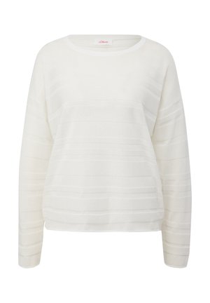 Witte langemouwsweater met horizontale gestreepte textuur, ronde halslijn en een losse pasvorm. Zacht, lichtgewicht materiaal.