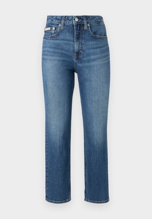 Blue high-waisted jeans made of denim, featuring a straight leg design, five-pocket styling, and subtle fading at the thighs and knees.