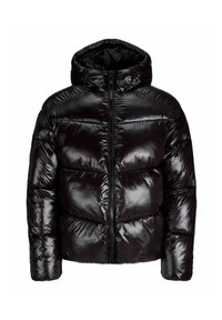 Giacca puffa nera lucida con cappuccio, zip frontale, quilting orizzontale e maniche lunghe su uno sfondo bianco semplice.
