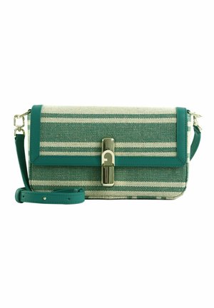 Sac d'épaule rectangulaire en tissu rayé turquoise et beige avec garniture en cuir, bandoulière réglable et fermeture à fermoir doré au centre devant.