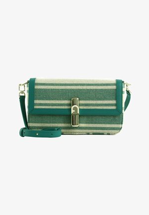 Sac d'épaule rectangulaire en tissu rayé turquoise et beige avec garniture en cuir, bandoulière réglable et fermeture à fermoir doré au centre devant.