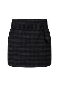 Zwarte geruite rok met een ceintuur op de taille. Heeft een gestructureerd ontwerp en een rechte snit, vervaardigd uit een textuurstof met een subtiele glans.