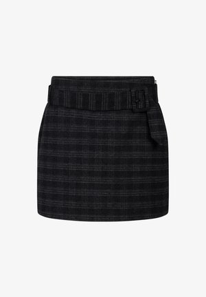 Black plaid skirt with a belted waist. Features a structured design and a straight cut, made from a textured fabric with subtle sheen.