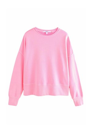 Sweat-shirt rose clair à manches longues avec encolure ronde et poignets et ourlet côtelés, présenté sur fond blanc.