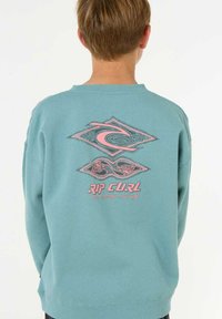 Felpa verde menta con maniche lunghe, caratterizzata da un logo grafico rosa e un design dettagliato sul retro, tessuto morbido e polsini a coste.