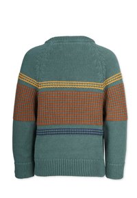 Stickad tröja i teal med orange, gult och blåa ränder. Har en ribbad nederkant och ärmar, samt ett texturerat stickat mönster på baksidan.