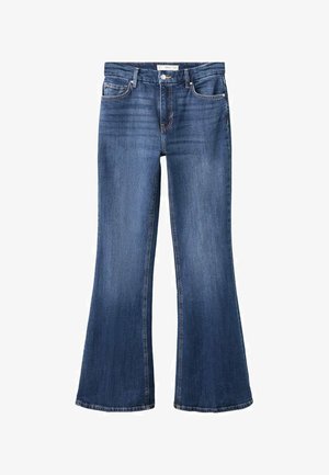 Blugi evazați din denim, de culoare albastru închis, cu finisaj neuzat, design cu cinci buzunare, închidere frontală cu nasturi și detalii subtile de cusătură.