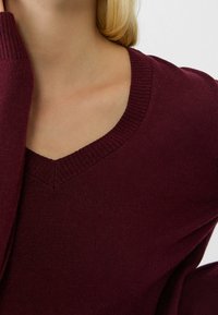 V-hals bordeauxrode trui van zachte gebreide stof, met geribbelde manchetten en halslijn, gladde textuur en strakke pasvorm.