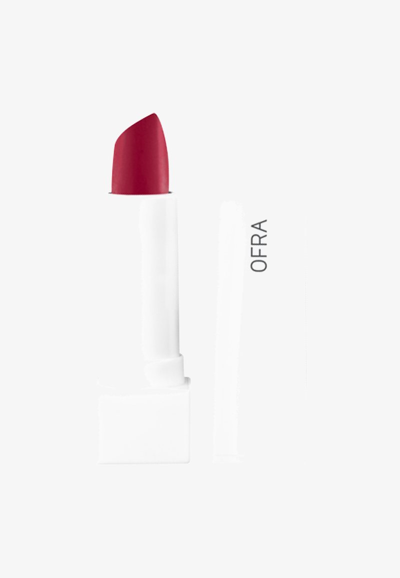 Lipstick in a white tube with a square base. The bullet is a deep, matte red with a slight curve at the tip. Brand name: OFRA.