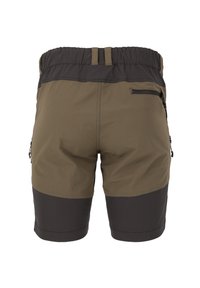 Khaki och mörkbruna shorts med elastisk midja, sidofickor med dragkedja och en slät yta. Designen har färgblockering vid fållen.