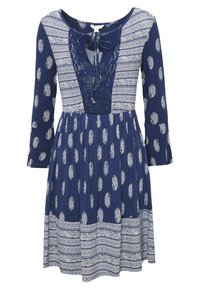 Robe bleu marine avec motifs blancs paisley et rayures, manches longues, encolure lacée et taille froncée avec jupe évasée.