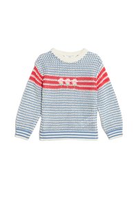 Strickpullover mit einem Creme-Basiston, blauen und roten Streifen. Mit floralen Stickereien in der Mitte. Gerippte Bündchen und Saum.