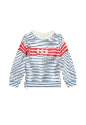 Pull en maille avec une base crème, rayures bleues et rouges. Présente une broderie florale au centre. Poignets et ourlet côtelés.