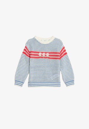 Maglione lavorato a maglia con base crema, strisce blu e rosse. Presenta ricami floreali al centro. Polsini e orlo a coste.