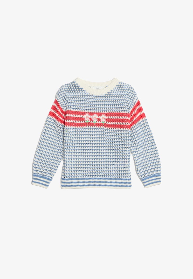 Sweter dziergany z kremowym tłem, niebieskimi i czerwonymi paskami. Posiada kwiatowe hafty na środku. Ribbowane mankiety i dół.