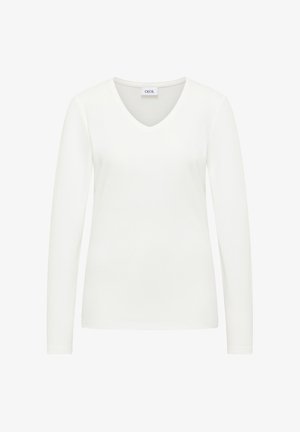 Witte top met lange mouwen en V-hals. Gemaakt van zachte stof met een gladde textuur. Heeft een eenvoudig, klassiek ontwerp zonder patronen of accenten.