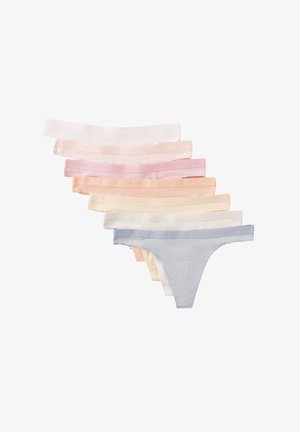 Sept strings pour femmes de couleur pastel disposés en éventail, présentant des teintes neutres douces et des rayures subtiles.