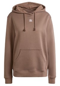 Brown cotton hoodie with a front pocket, drawstring hood, and white logo. Soft texture, relaxed fit, and ribbed cuffs.