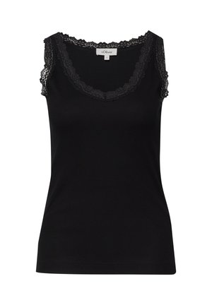 Czarny damski top bez rękawów z koronkową lamówką na dekolcie i ramionach, prosty dół i dopasowany krój.