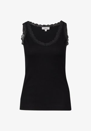 Czarny damski top bez rękawów z koronkową lamówką na dekolcie i ramionach, prosty dół i dopasowany krój.