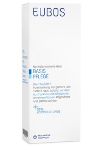 White cardboard box packaging for EUBOS HAUTBALSAM F. Features blue text detailing product benefits and ingredients. No illustrations present.