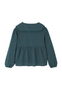 Dark green long-sleeve blouse with gathered waist and lace-trimmed square collar, textured fabric, elastic cuffs.