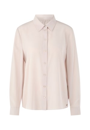 Light pink long-sleeve button-up shirt with a classic collar, smooth texture, subtle sheen, and rounded hem; includes small beige buttons.