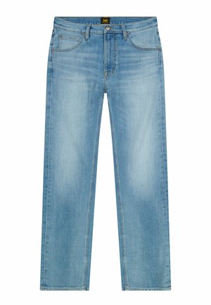 Jeans in denim blu chiaro con design a gamba dritta, stile classico a cinque tasche e leggero sbiadimento. Completati con zip e chiusura a bottone.