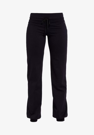 Pantalones de ejercicio negros con un ajuste relajado, con una cinturilla ajustable, textura suave y un ligero acampanado en la parte inferior.