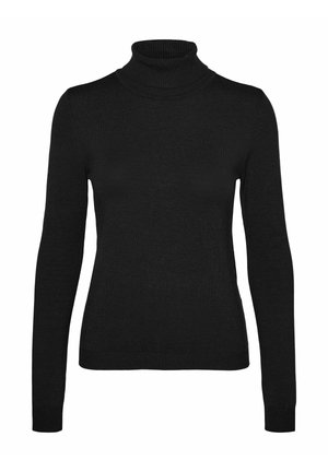 Svart polotröja i mjukt, ribbat stickat tyg. Har långa ärmar och en hög, åtsittande krage. Enkel, klassisk design.