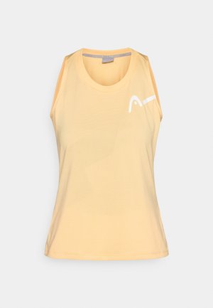 Camiseta deportiva amarilla con cuello redondo, diseño sin mangas, tejido texturizado y un detalle de logo blanco en el frente.