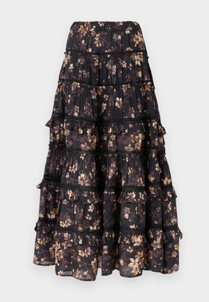 Svart lagdelt skjørt med brunt og kremfarget blomsterprint, med rynkede sømmer og samlet midjebånd.