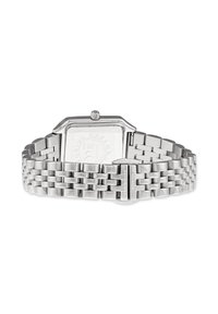 Silverfärgad klocka i rostfritt stål med fyrkantig klocka, en strukturerad armbandslänk i rostfritt stål, samt en krona på högra sidan för att ställa in tiden.