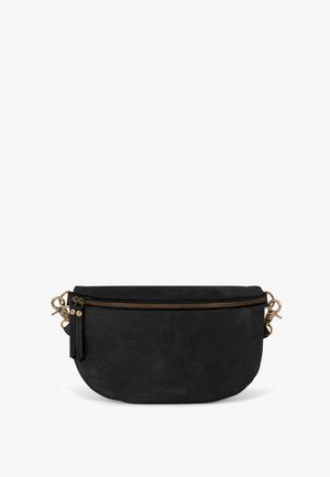 Schwarze Lederpouch mit runder Form, ausgestattet mit einem goldenen Reißverschluss und Beschlägen. Enthält dekorative Ledertasseln am Reißverschluss.