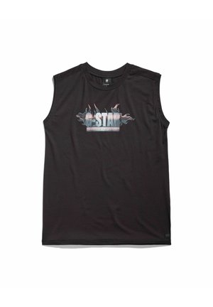 Schwarzes ärmelloses Shirt mit dem Text „G-STAR“ und Flammengrafik auf der Brust, Rundhalsausschnitt und kleinem Logoschild am Saum.