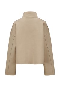 Beige cropped Sweatshirt mit Stehkragen, Oversize-Silhouette und sichtbaren Nahtdetails entlang der Nähte. Glatte Textur.