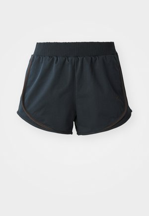 Calções atléticos pretos com uma cintura canelada, com costuras laterais e detalhes castanhos, feitos de um tecido leve e suave.