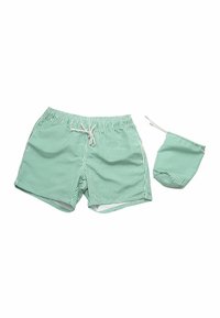Costume da bagno a righe verdi con vita elasticizzata e cordoncino. Include una pratico sacchetto di stoccaggio coordinato. Il materiale sembra leggero e traspirante.