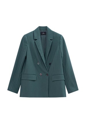 Türkisfarbener doppelt gefütterter Blazer mit weißen Nadelstreifen, mit Reverskragen, zwei Vordertaschen und dunklen Knöpfen, der eine taillierte Passform und eine glatte Textur aufweist.