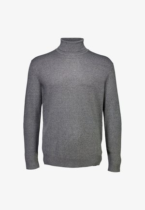 Harmaa poolopaita pehmeästä neulekankaasta, jossa on pitkät hihat, istuva kaula-aukko ja ribbatut hihansuut sekä helma. Ei näkyviä kuvioita tai varusteita.