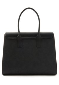 Zwarte gestructureerde handtas van soepel leer met dubbele handvatten en een omvouwflap. Heeft een minimalistisch ontwerp en strakke lijnen.