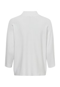 Weißer Pullover mit Stehkragen, dreiviertel langen Ärmeln und einer glatten, gerippten Textur. Die Rückansicht zeigt schlichte und klare Linien.