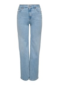 Light blue denim jeans with a high waist, straight leg design, five pockets, and a front button closure. Soft texture with slight fading.