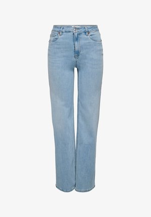 Jeans in denim azzurro chiaro con vita alta, design a gamba dritta, cinque tasche e chiusura frontale con bottoni. Tessuto morbido con leggero effetto scolorito.