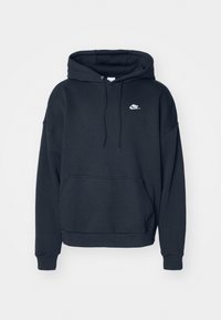 Black Nike hoodie with a front pocket, drawstring hood, and white logo on the chest. Made of soft, durable fabric with ribbed cuffs.