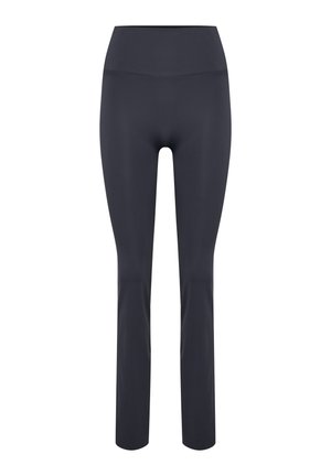 Högmidjade, figurnära leggings i mörkgrått, tillverkade av stretchigt tyg med en slät yta, med minimala sömmar och utan mönster.