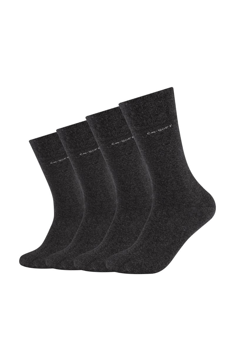Black cotton blend socks, classic design, mid-calf length, smooth texture, with a subtle logo printed around the top edge. Set of four.